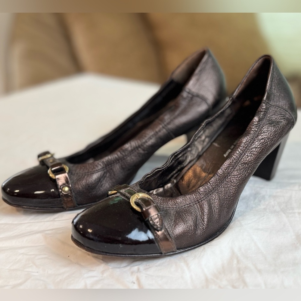 AGL Chocolate Brown Heels with Patent Leather Tip
